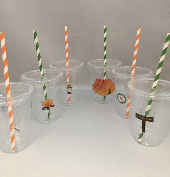 Camping Party Cups With Lids & Straws: 12oz Plastic Drink Cups - Etsy