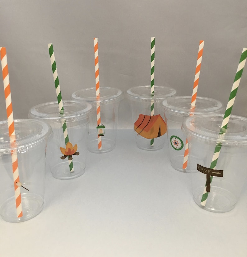Camping Party Cups With Lids and Straws Camping Plastic Drink Etsy