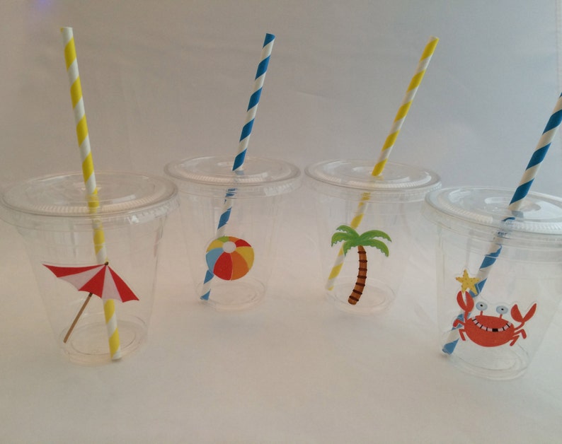 Beach Theme Plastic Cups with lids and straws Luau Plastic Etsy