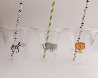 Vasos con tapa y pajita para fiesta de safari: diseños de animales