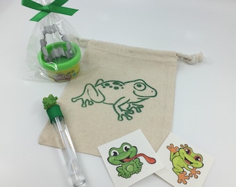 Frog Party Favor Bag: Play Doh, Bubble Wand, Tattoos