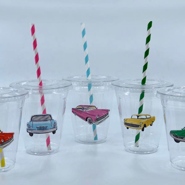 Retro Car Party Cups with Lids and Straws, Plastic Car Party Drink Cups, Vintage Car Party, Retro Car Party