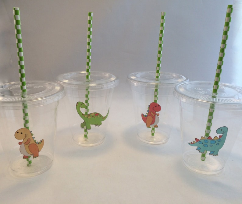 Puede incluir: Cuatro vasos de pl&aacute;stico transparentes con pajitas rayadas de verde y blanco. Cada vaso tiene una pegatina de dinosaurio diferente en la parte delantera. Los dinosaurios son verdes, rojos, naranja y azules.