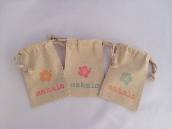 Mahalo Hawaiian Favor Bag: Hand Stamped Hibiscus Luau Party Bag