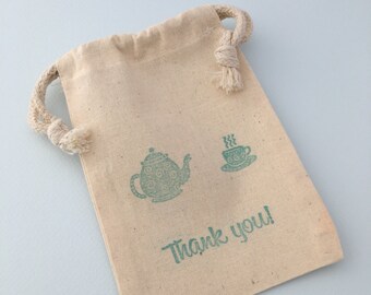 Tea Party Favor Bag with Teapot and Tea Cup Design: Muslin Drawstring Favor Bag