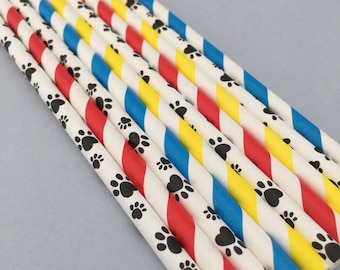 25 Paw Patrol Party Straws, Paw Print and Stripe Party Straws, Paw Party Straws