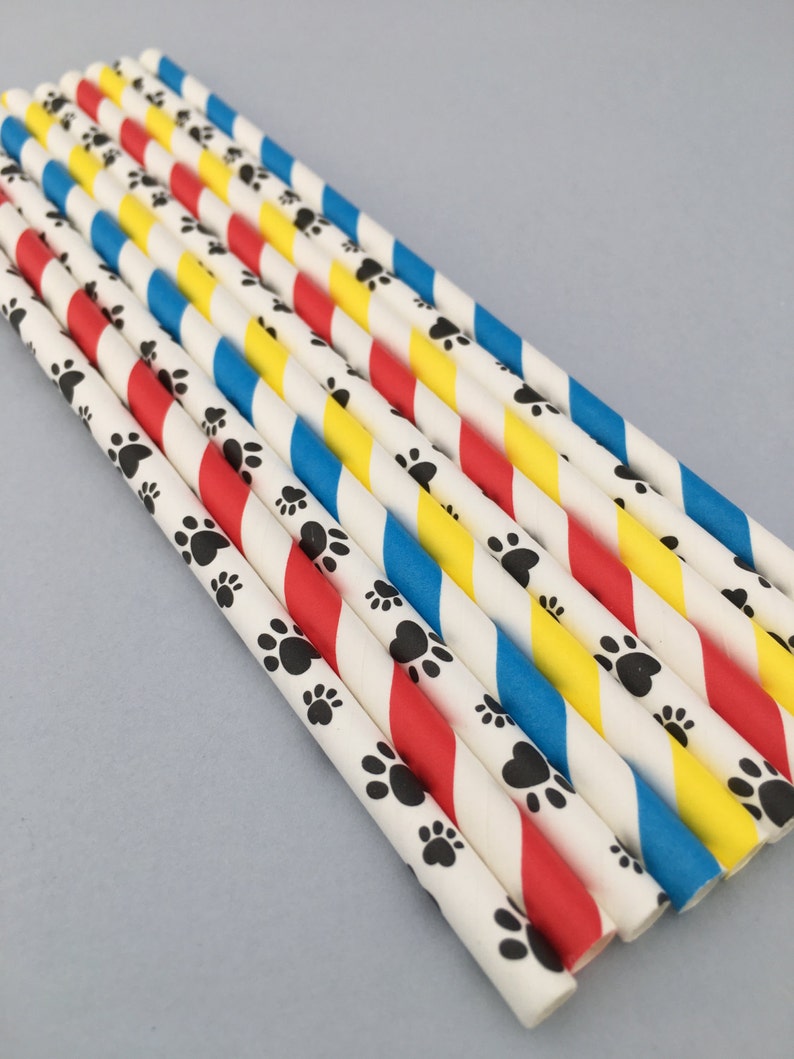 25 Paw Patrol Party Straws, Paw Print and Stripe Party Straws, Paw Party Straws image 1