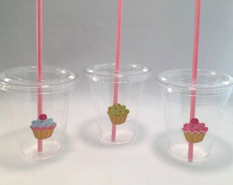 Cupcake Party Cups with Lids and Straws, Plastic Cupcake Party Drink Cups