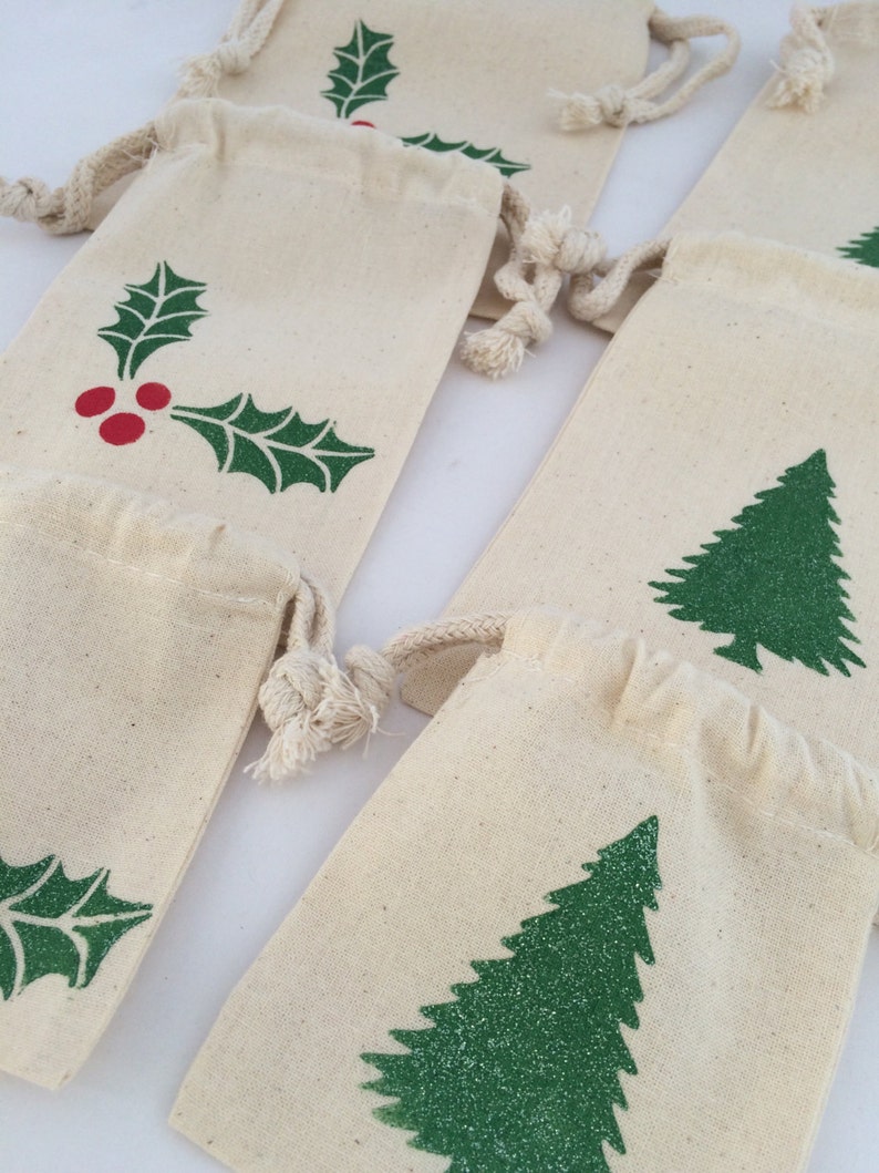 6 Reusable Holiday Gift Bags Various Sizes Drawstring Etsy