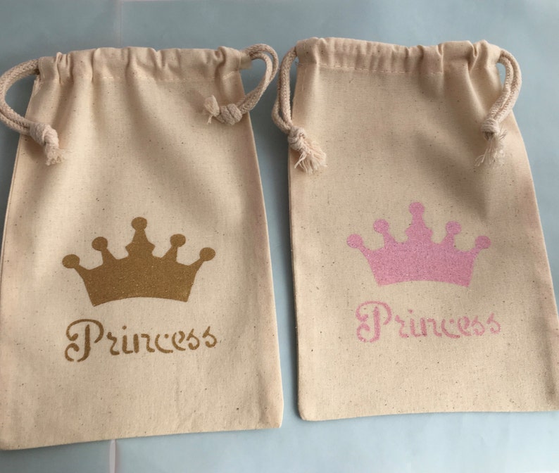 Prince and Princess Party Treat Bags: Pink and Blue or Gold Crown Muslin Bags, Princess Favor Bags Cinderella Favor Bag image 3