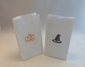 Halloween Party Favor Bags: Jack O Lantern & Witch Hat, Hand Stamped