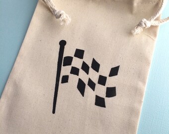 Race Car Party Favor Bags with Finish Flag Design; Muslin Bags With Racing Car Designs, Transport Party Supplies