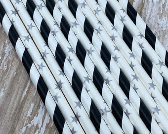 25 Paper Straws: Black and White Stripe Straws and Silver Star straws