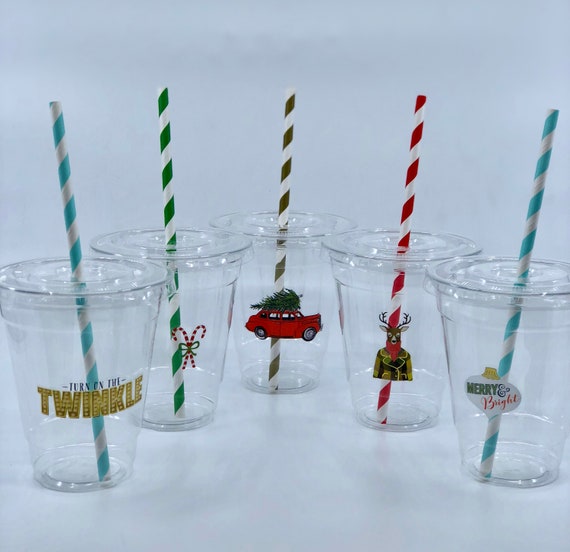 Christmas Cups Lids Straws, Plastic Christmas Cups Lids