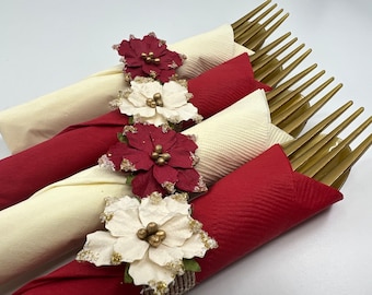 Christmas Poinsettia Napkin Ring with Gold Flatware