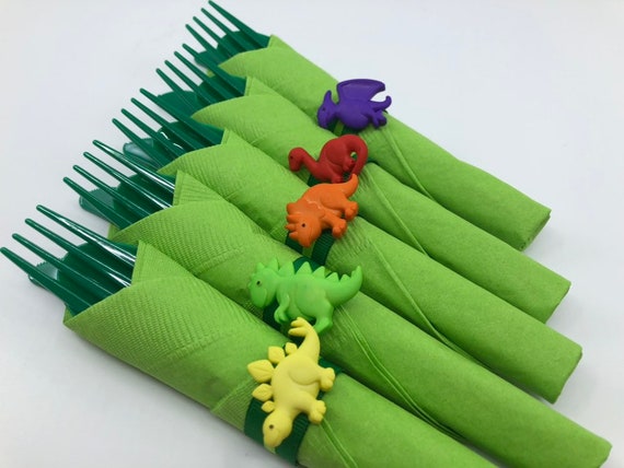 Dinosaur Party Flatware Set: Green Cutlery & Napkins with Dinosaur Rings
