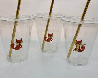 Fox Party Cups with Lids and Straws, Plastic Fox Party Drink Cups, Fox Party Cups