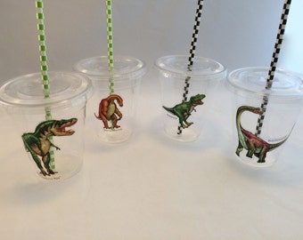 Dinosaur Party Cups with Lids & Straws: 12oz Plastic Drinkware