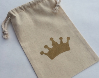 Princess Party Treat Bags: Pink or Gold Glitter Crown Muslin Bags - Princess Favor Bags - Cinderella Favor Bag