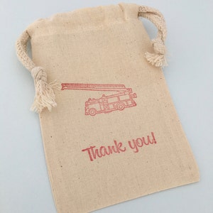 Firetruck Muslin Favor Bag: Hand Stamped Fire Engine Party Supplies
