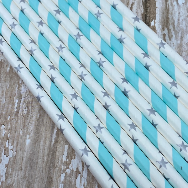 Paper Straws, 25 Baby Blue and White Stripe Straws and Silver Star straws