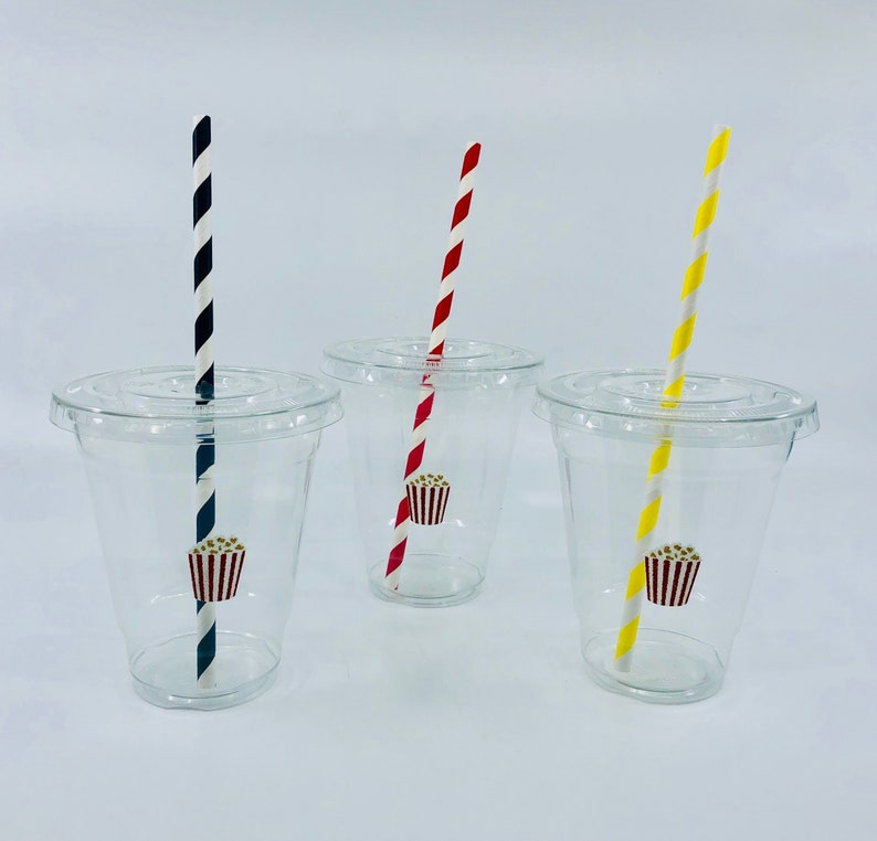 Oscar Party Cups Movie Night party cups Popcorn Party plastic cups with paper straws and lids