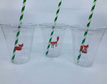 Fox Party Cups with Lids and Straws, Plastic Fox Party Drink Cups, Fox Party Cups