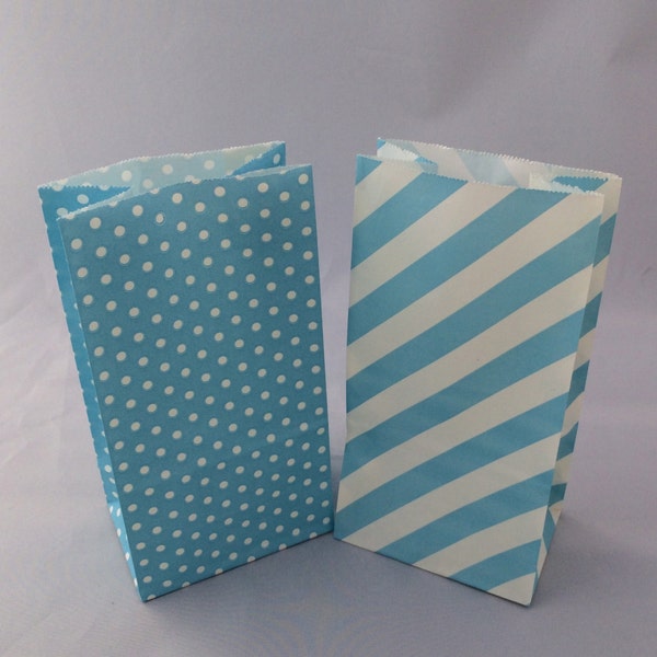 Blue Treat Bags: 10+ Blue and White Stripe and Polka Dot Paper Candy Bags, Frozen Favor Bags, Goody Bags