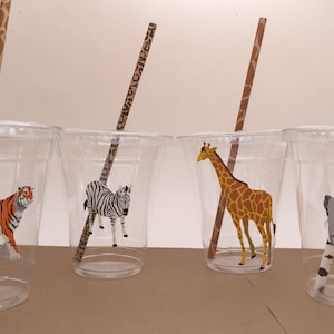 Safari Party Supplies: Safari Plastic Cups with Straws, Zoo Animal Party Cup, Safari Party Cup