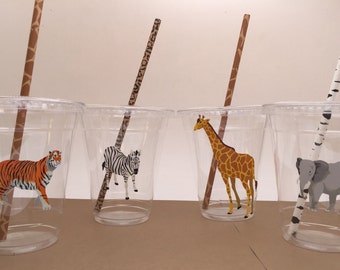 Safari Party Cups with Straws: Zoo Animal Theme