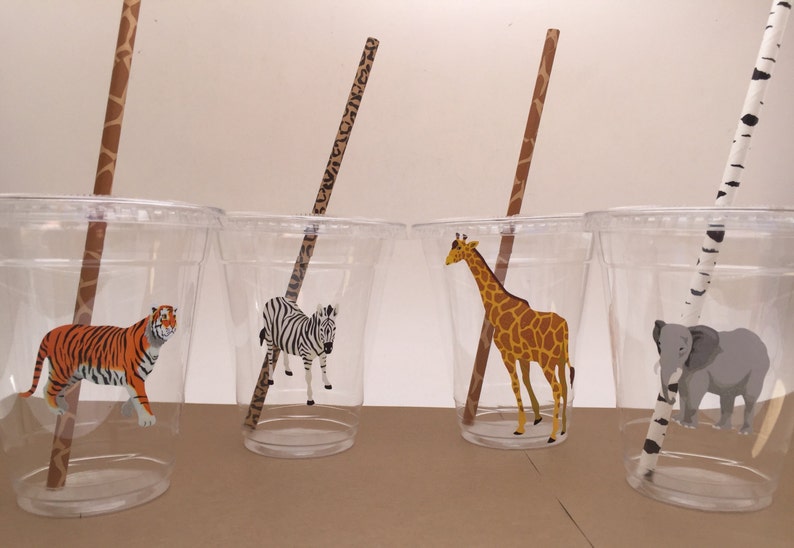 Safari Party Supplies: Safari Plastic Cups with Straws, Zoo Animal Party Cup, Safari Party Cup