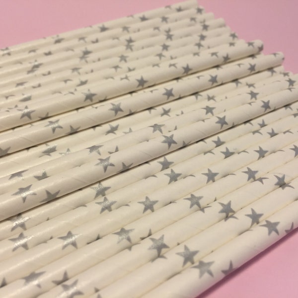 Silver Star Paper Straws, 25 Silver and White Straws, Space Party Straws