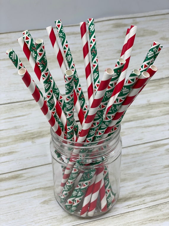 Red and Green Christmas Paper Straws: Christmas Present & Candy Cane Straws,  Holiday Party, Christmas Party, Christmas Present Paper Straws 