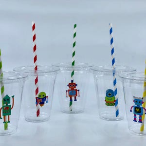 Robot Party Supplies: Robot Plastic Cups with Straws, Robot Cups, Robot Party