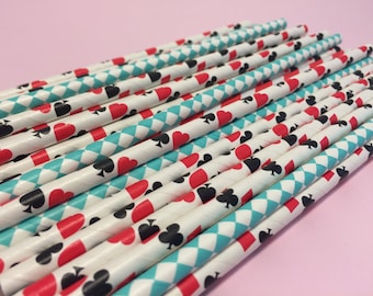 Mad Hatter Tea Party Paper Straws: Playing Card Decorations, Set of 25