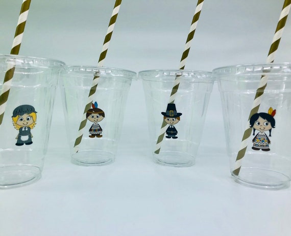 Thanksgiving Party Cups With Lids and Straws: Pilgrim & Indian Design - Etsy