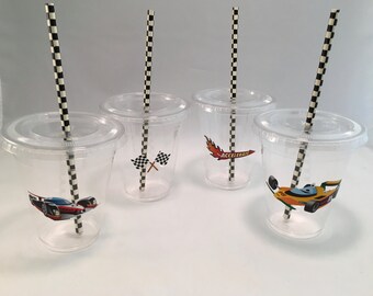 Race Car Party Cups with Lids and Straws, Plastic Race Car Party Drink Cups