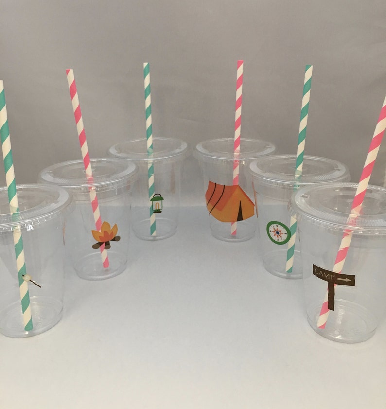 Camping Party Cups With Lids and Straws Camping Plastic Drink Etsy