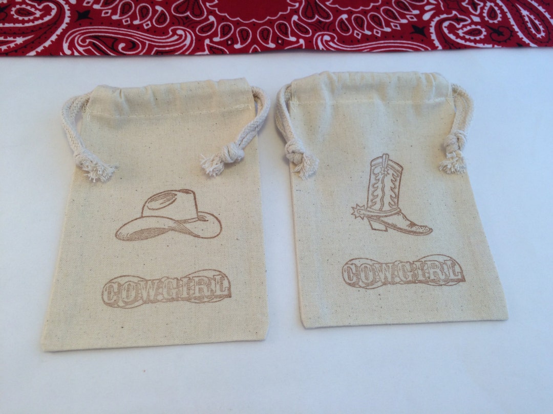 Western Favor Bags Cowboy and Cowgirl Muslin Bags With Western Design, Cowboy Boot Bag, Cowboy