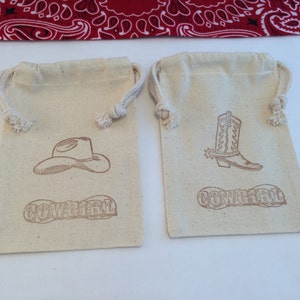 Western Favor Bags: Cowboy and Cowgirl Muslin Bags With Western Design, Cowboy Boot Bag, Cowboy Hat Bag
