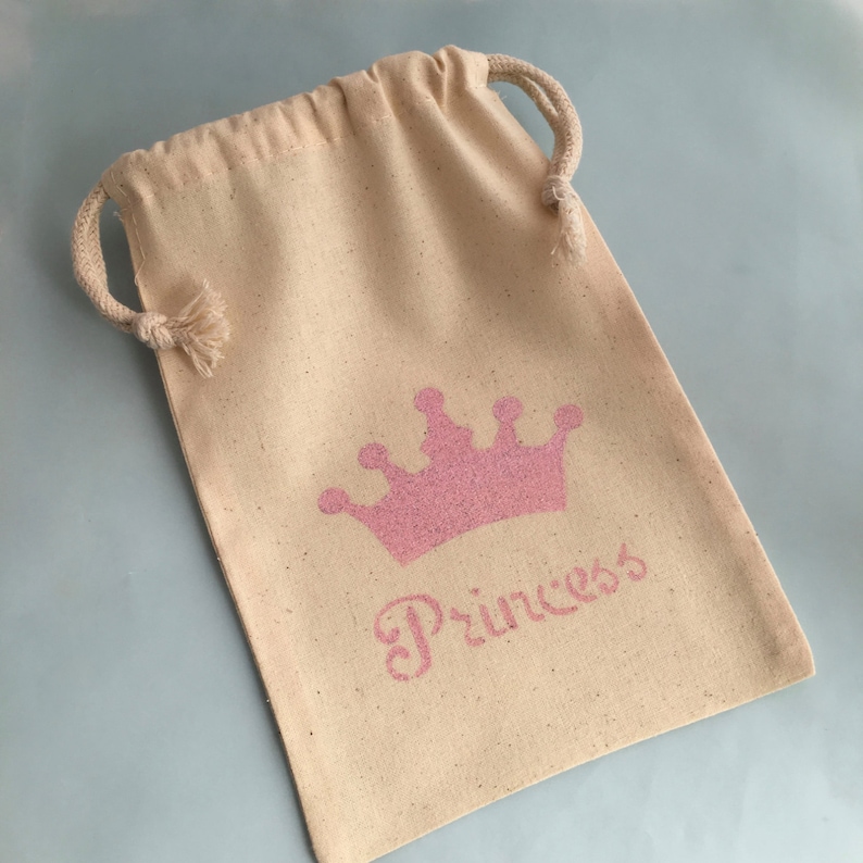 Prince and Princess Party Treat Bags: Pink and Blue or Gold Crown Muslin Bags, Princess Favor Bags Cinderella Favor Bag image 2