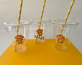 Monkey Party Cups with Straws: Zoo Animal Baby Shower Cups