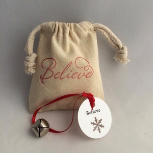 Holiday Believe Favor: Polar Express Bell with Believe Tag and Believe Muslin Gift Bag, School Favor, Stocking Stuffer