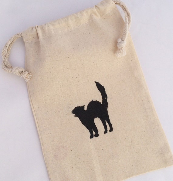 Black Cat Halloween Favor Bag: Hand-Painted Muslin Treat Bag