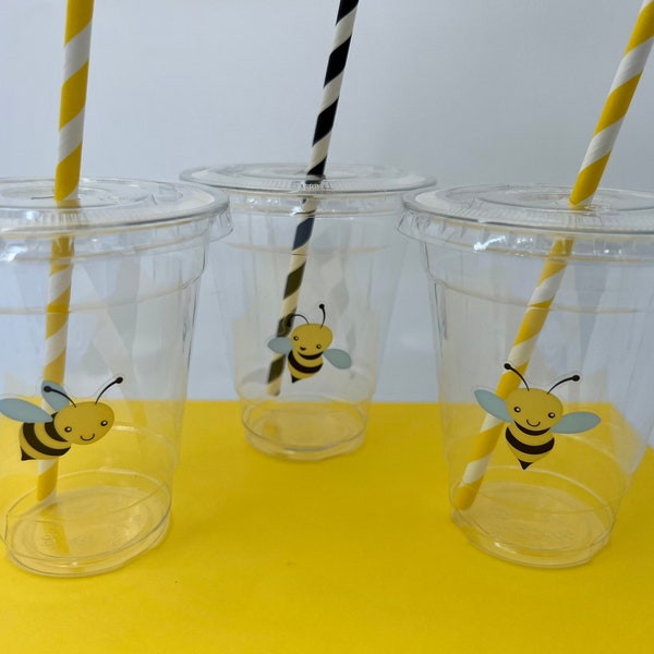 Bee Supplies: Bee Plastic Cups with Straws, Bee Baby Shower, Bee 1st Birthday
