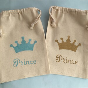 Prince and Princess Party Treat Bags: Pink and Blue or Gold Crown Muslin Bags, Princess Favor Bags Cinderella Favor Bag image 4