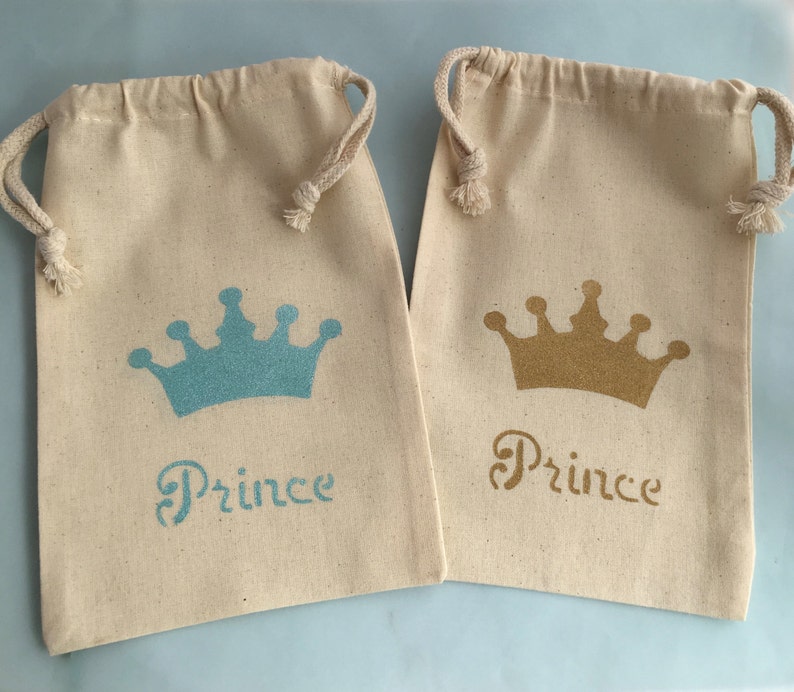 Prince and Princess Party Treat Bags: Pink and Blue or Gold Crown Muslin Bags, Princess Favor Bags Cinderella Favor Bag image 4
