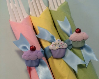 Cupcake Party Flatware with Cupcake Napkin Rings, Tea Party Silverware, Tea Party Novelty Utensils