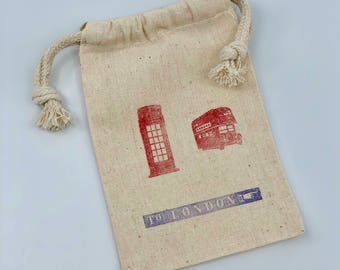 London Treat Bags: British Phone Box & Bus Muslin Favor Bags