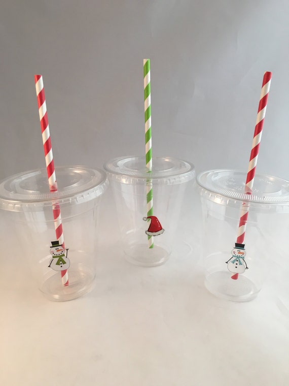 Christmas Plastic Cups With Straws and Lids, Snowmen and Santa Hat